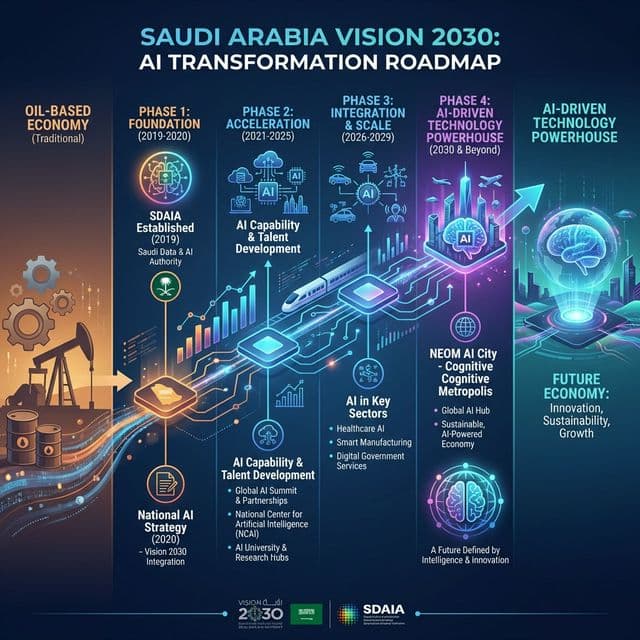 Saudi Arabia Vision 2030 AI transformation roadmap showing technology diversification strategy from oil to AI