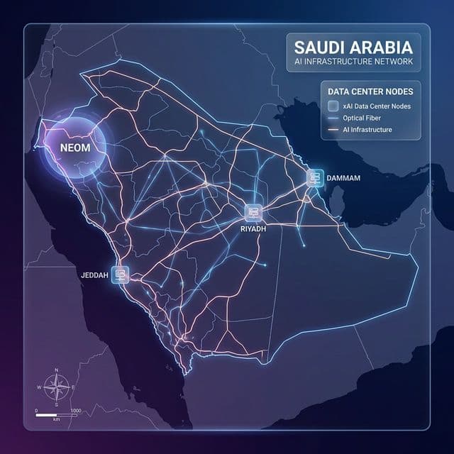 Saudi Arabia xAI data center locations map showing NEOM AI infrastructure investment compute facilities