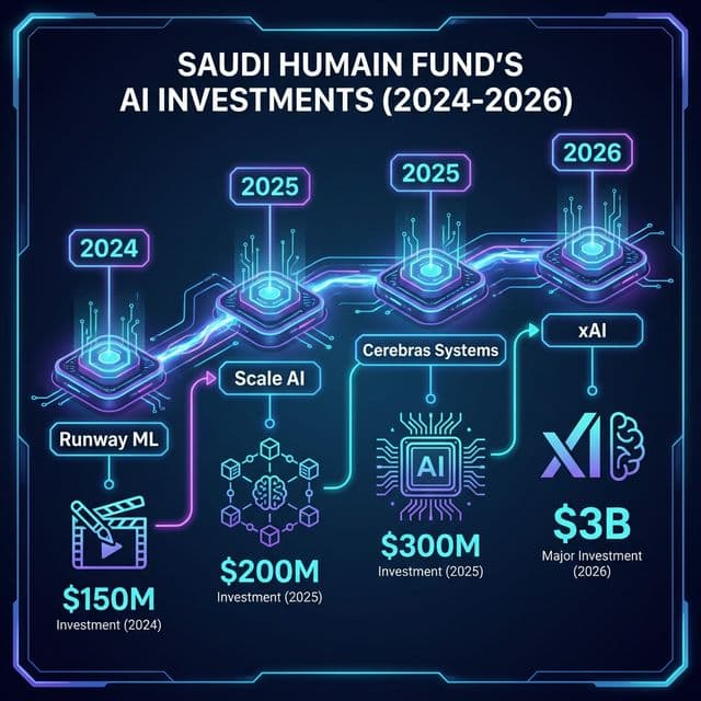 Saudi Humain fund AI investment timeline 2024 to 2026 showing Runway Scale AI Cerebras xAI investments