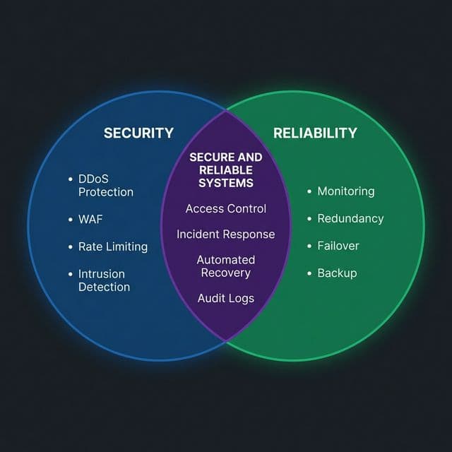 Venn diagram showing intersection of security practices and reliability practices with shared elements like incident response and access control