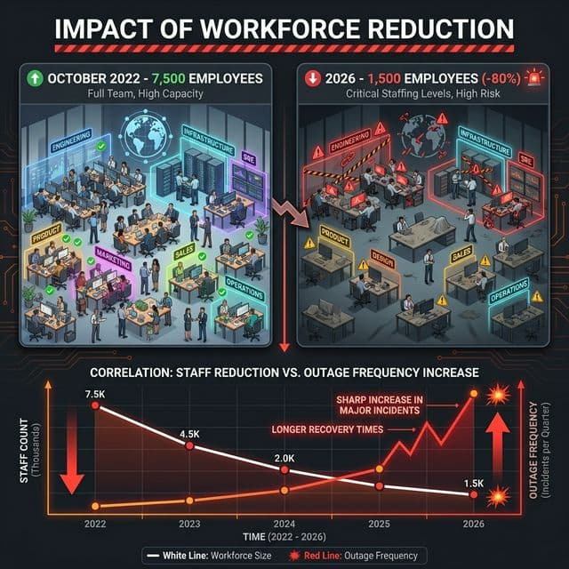 Before and after comparison showing X Twitter workforce reduction from 7500 to 1500 employees with correlation to increased outage frequency