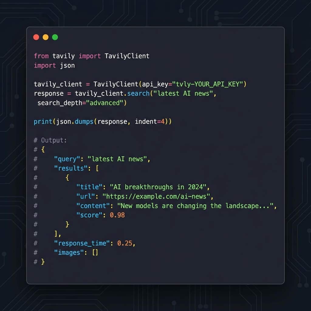 Tavily agentic search API code example integration for developers