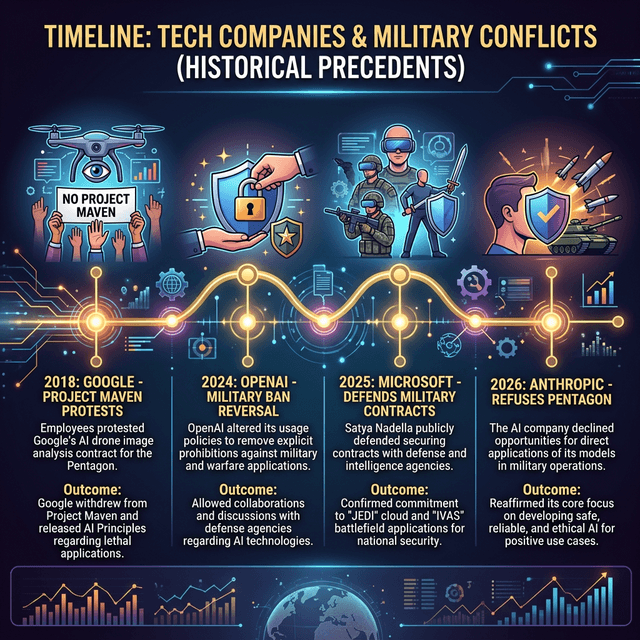 Historical timeline of tech company military conflicts from Google Project Maven 2018 to Anthropic Pentagon contract 2026