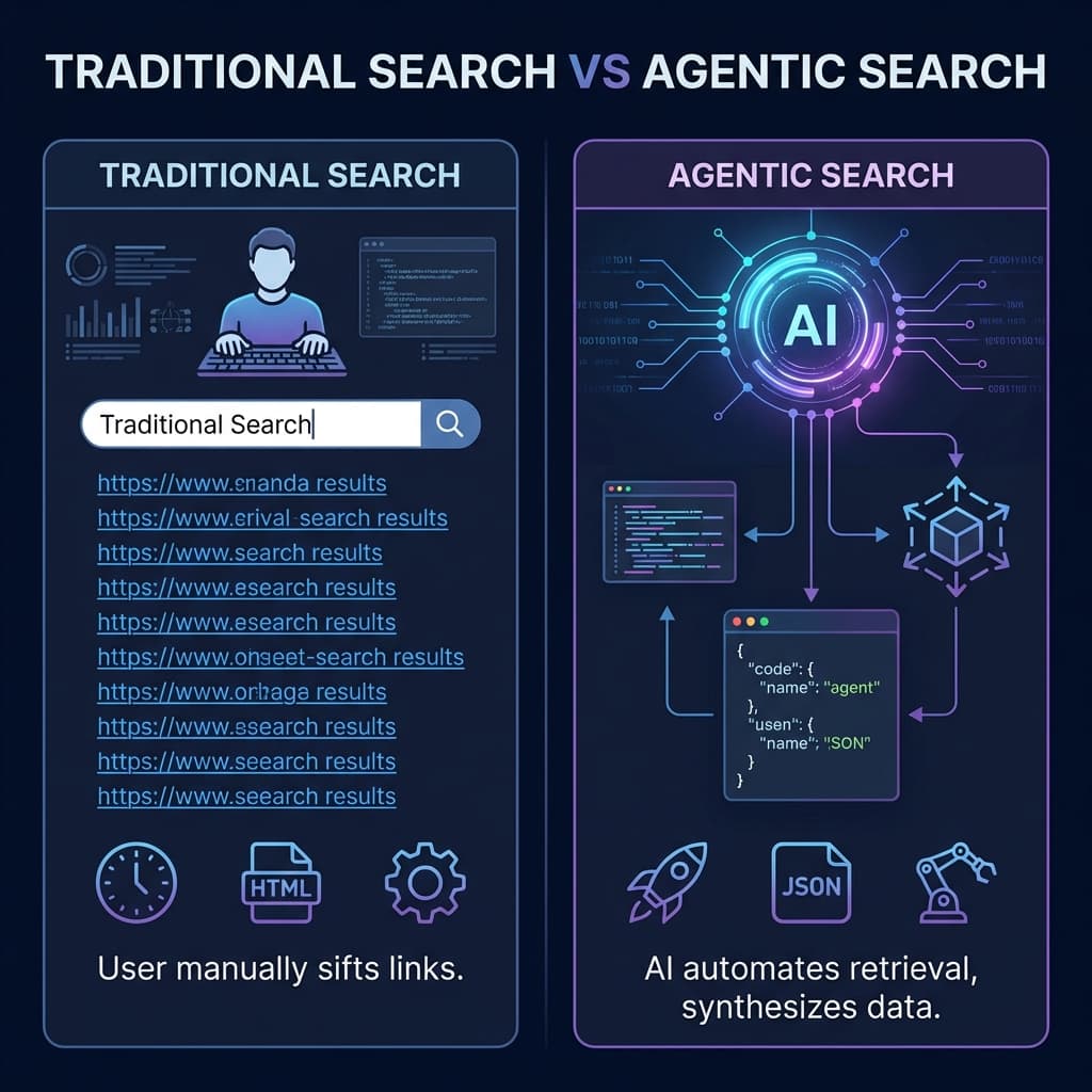 What is agentic search comparison traditional Google search vs AI agent search infrastructure
