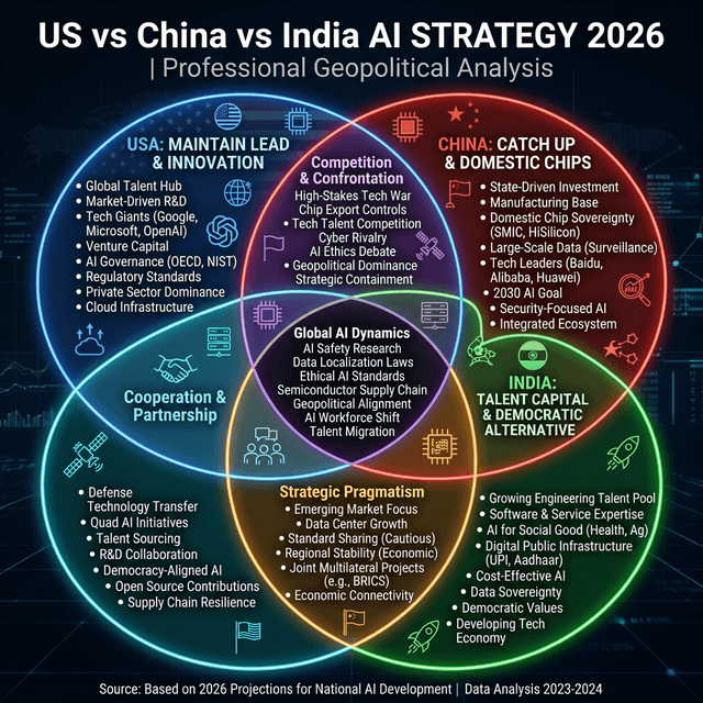 US versus China versus India AI strategy comparison Venn diagram geopolitical analysis 2026