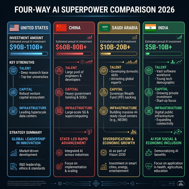 Four-way AI superpower comparison United States China Saudi Arabia India investments strengths strategies 2026