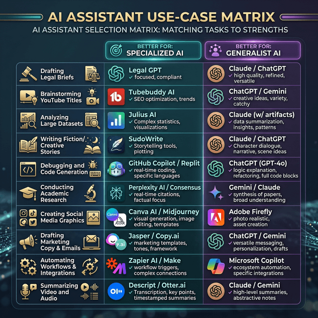 Use case matrix showing when to use Claude versus ChatGPT for different professional and personal tasks