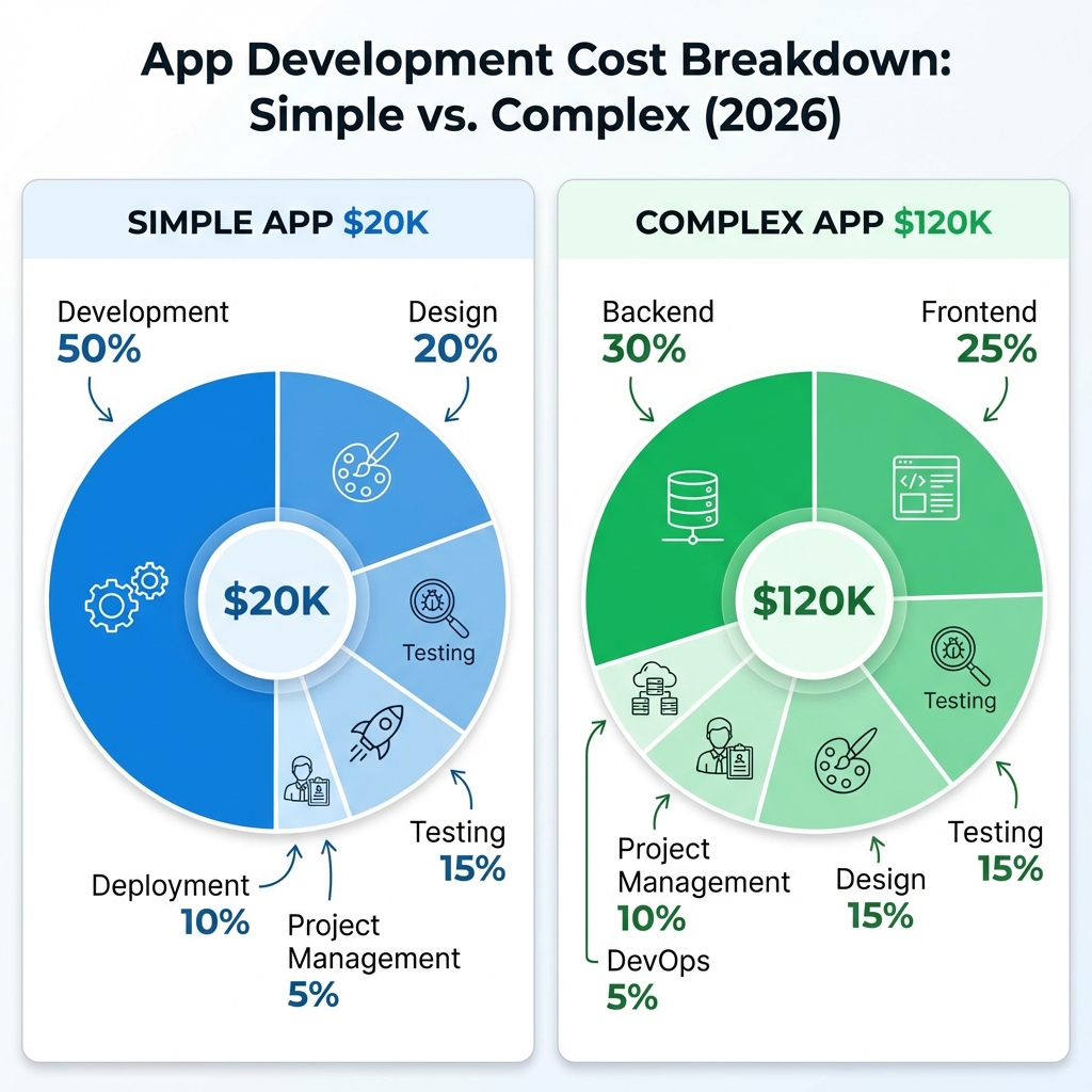App development cost breakdown 2026 by complexity level from simple to enterprise apps