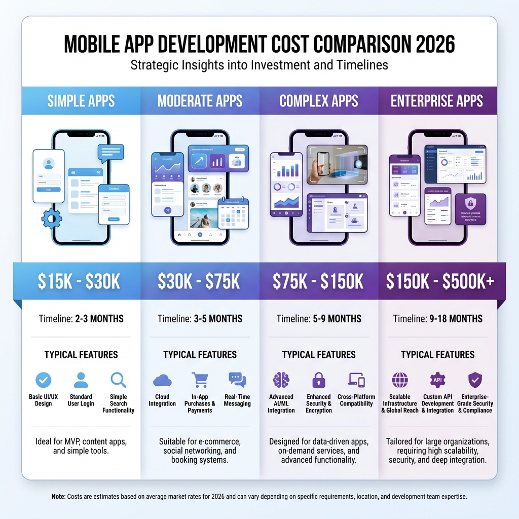 Mobile app development cost comparison chart 2026 showing price ranges from basic to enterprise level