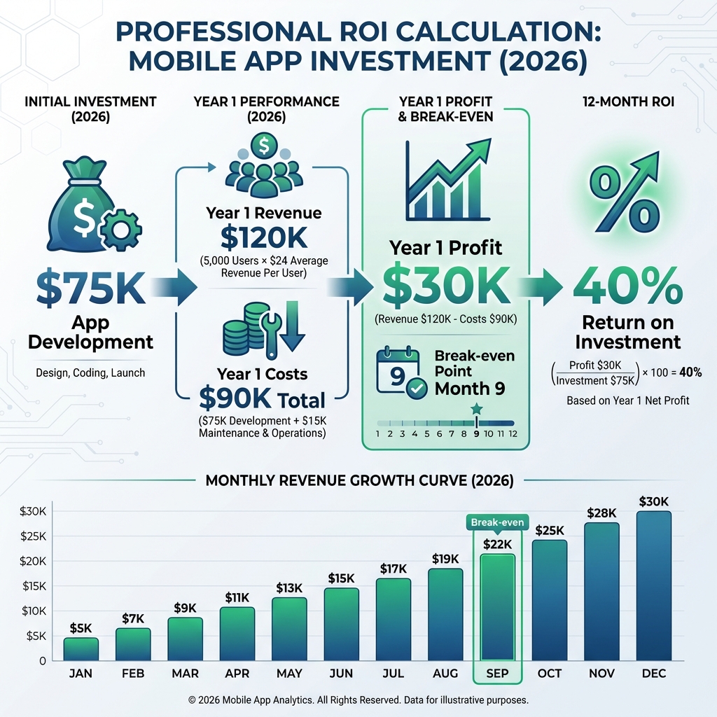 Mobile app ROI calculation example showing investment return over 12 months in 2026