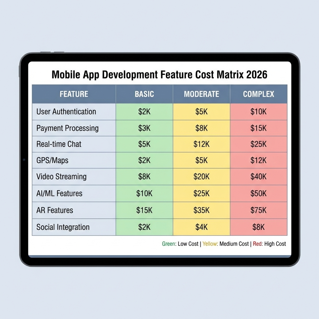 Mobile app feature cost matrix showing basic moderate and complex feature pricing in 2026
