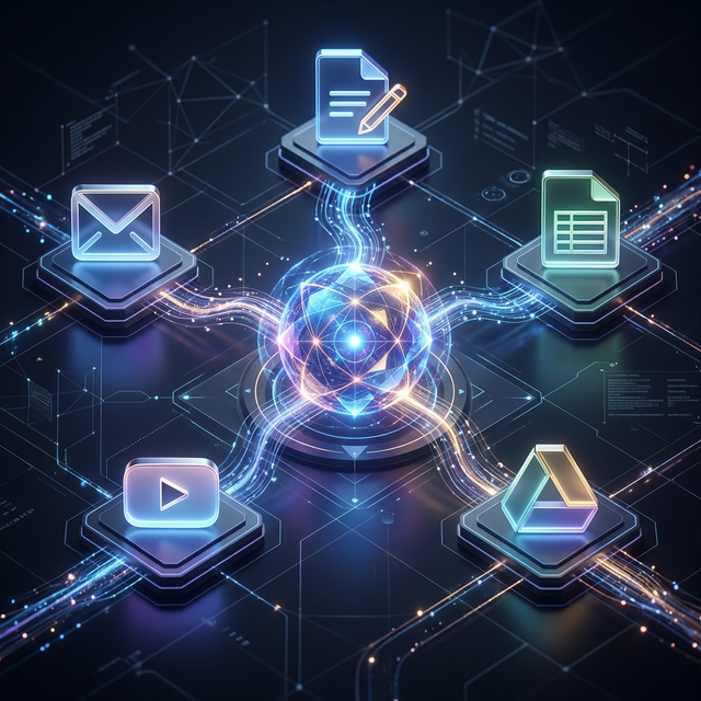 Google Gemini ecosystem integration showing Gmail Docs Sheets Drive Calendar YouTube connections 2026