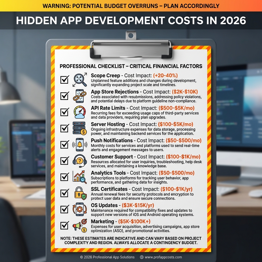 Hidden app development costs checklist 2026 including scope creep server costs and marketing