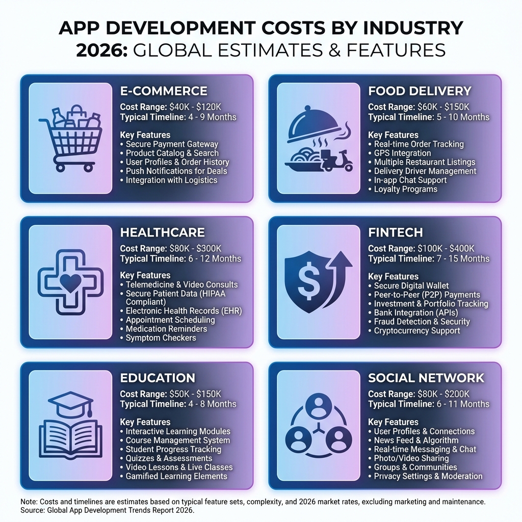 App development costs by industry in 2026 from ecommerce to healthcare