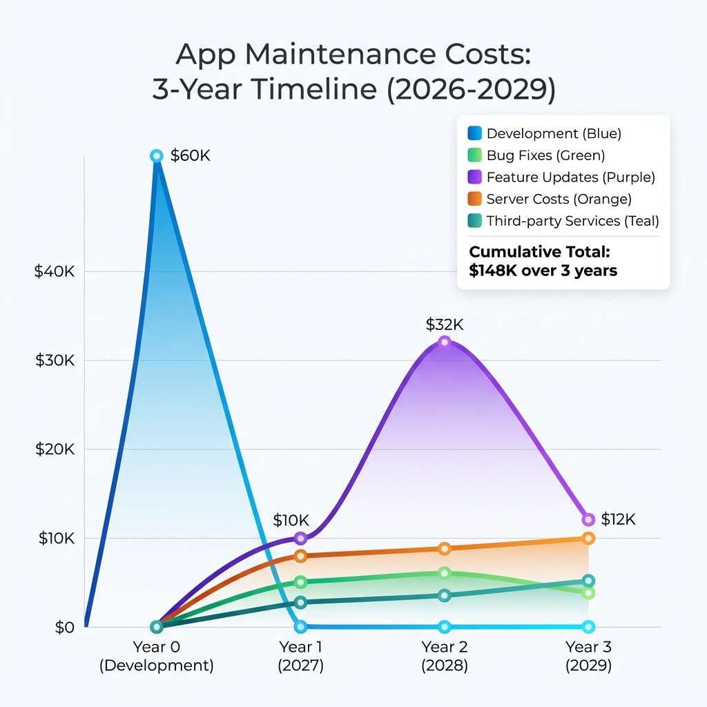 Three year total cost of app ownership including development and ongoing maintenance 2026