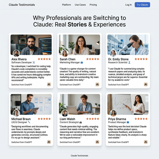 Real user testimonials people who switched from ChatGPT to Claude showing experiences and results